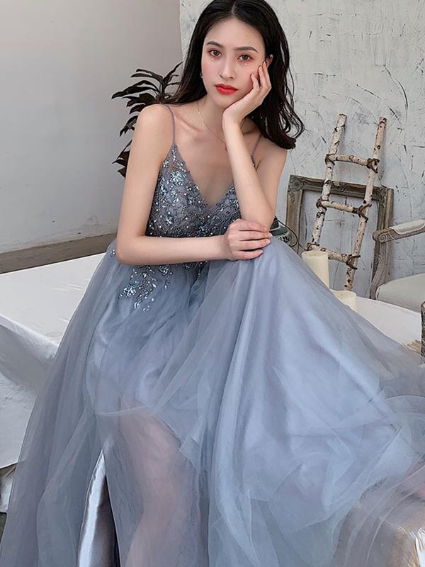 V Neck Gray Beaded Long Prom Dresses, V Neck Beaded Gray Formal Evening Graduation Dresses