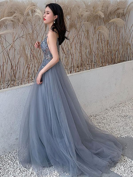 V Neck Gray Beaded Long Prom Dresses, V Neck Beaded Gray Formal Evening Graduation Dresses