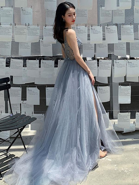 V Neck Gray Beaded Long Prom Dresses, V Neck Beaded Gray Formal Evening Graduation Dresses