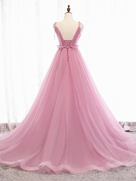 V Neck Pink Tulle Prom Dresses with Train, Pink Long Formal Evening Graduation Dresses